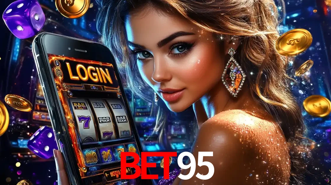 Mulher glamorosa segurando um smartphone com a tela de login para os jogos de caça-níqueis do cassino online BET95, com moedas de ouro e dados ao redor.