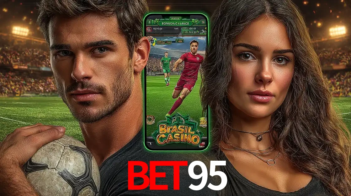Homem segurando uma bola de futebol e uma mulher ao lado de um smartphone exibindo o jogo de apostas esportivas da BET95. Faça seu palpite no cassino online.